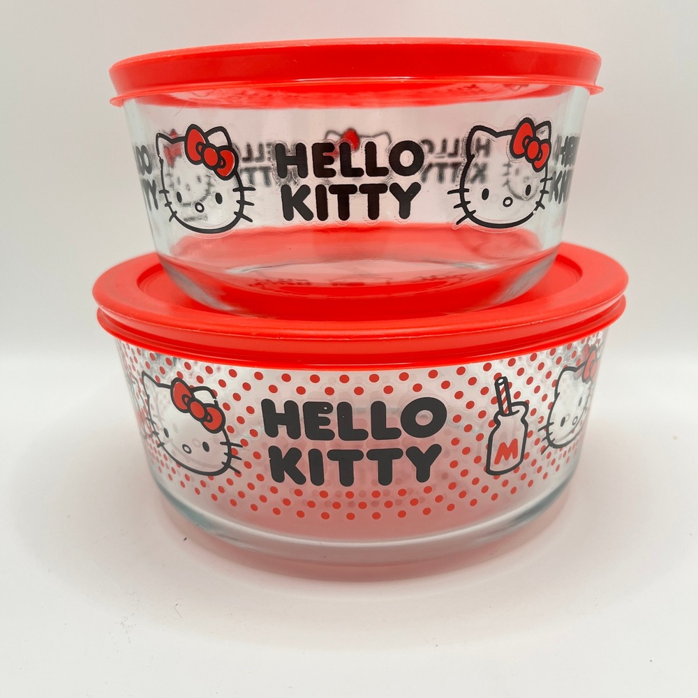 Pyrex Hello Kitty Glass Food Storage Set Red Polka Dot 2pc Round Bowls with Lids